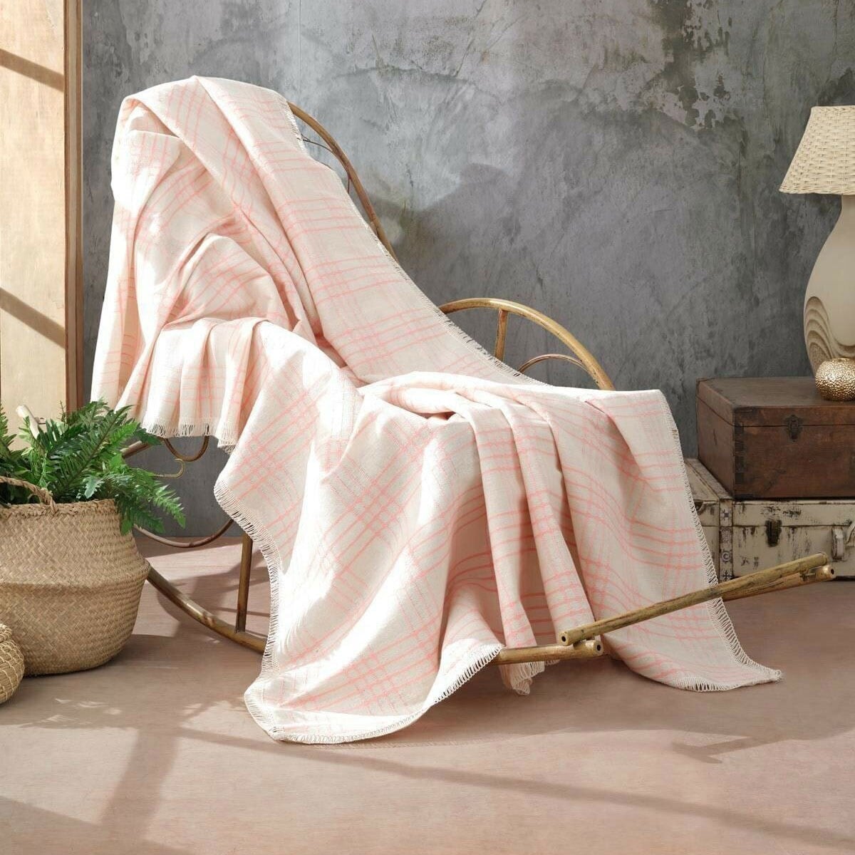 Sedir Natural Keten Sık Dokuma Pembe Çizgili Koltuk Örtüsü 170x210 cm