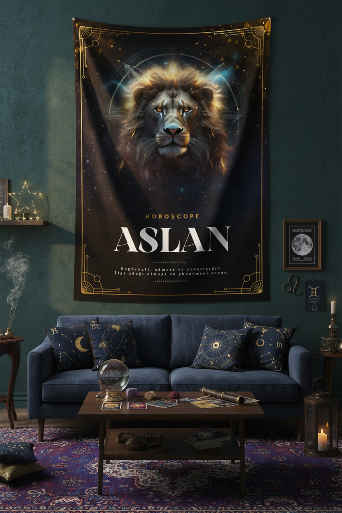 Vagonik Aslan burcu Astroloji Temalı Mistik Desenli Duvar Örtüsü Tapestry Desen 464