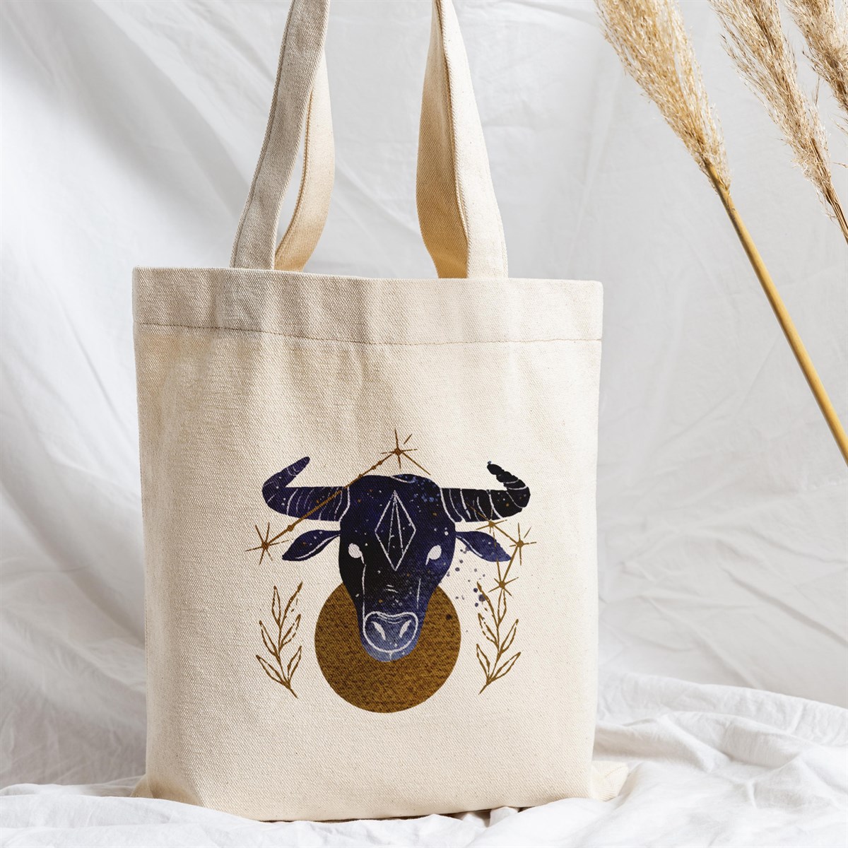 Vagonik Astroloji Boğa Burcu Baskılı Ham Bez Kanvas Çanta