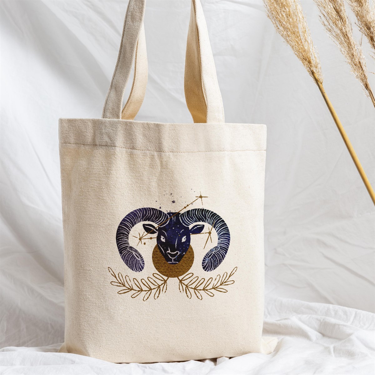 Vagonik Astroloji Koç Burcu Baskılı Ham Bez Kanvas Çanta