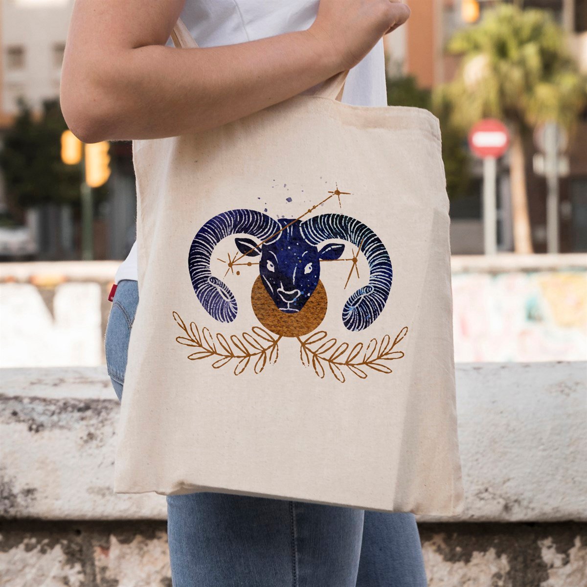 Vagonik Astroloji Koç Burcu Baskılı Ham Bez Kanvas Çanta