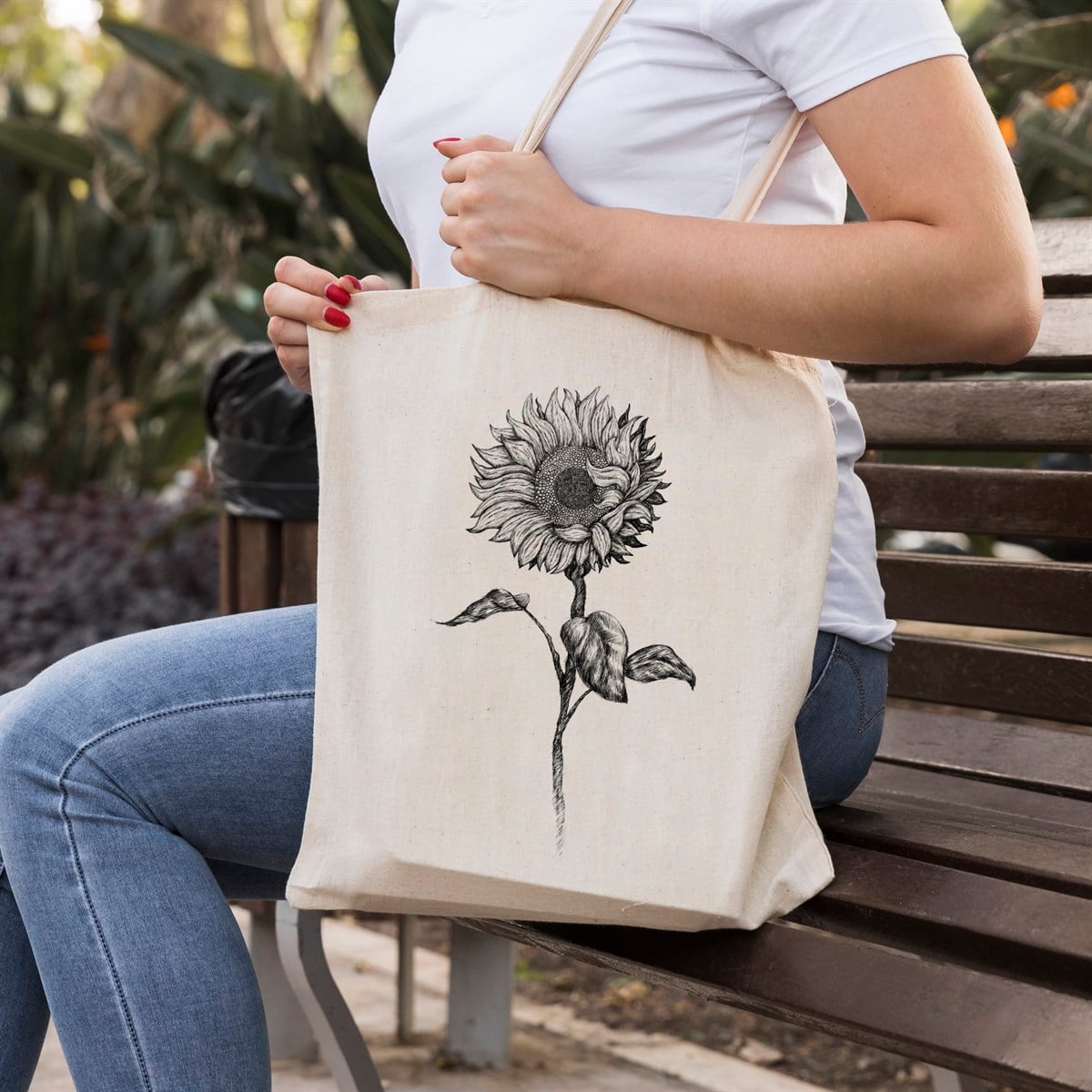 Vagonik Ayçiçeği Baskılı Ham Bez Kanvas Çanta 240 Gr.