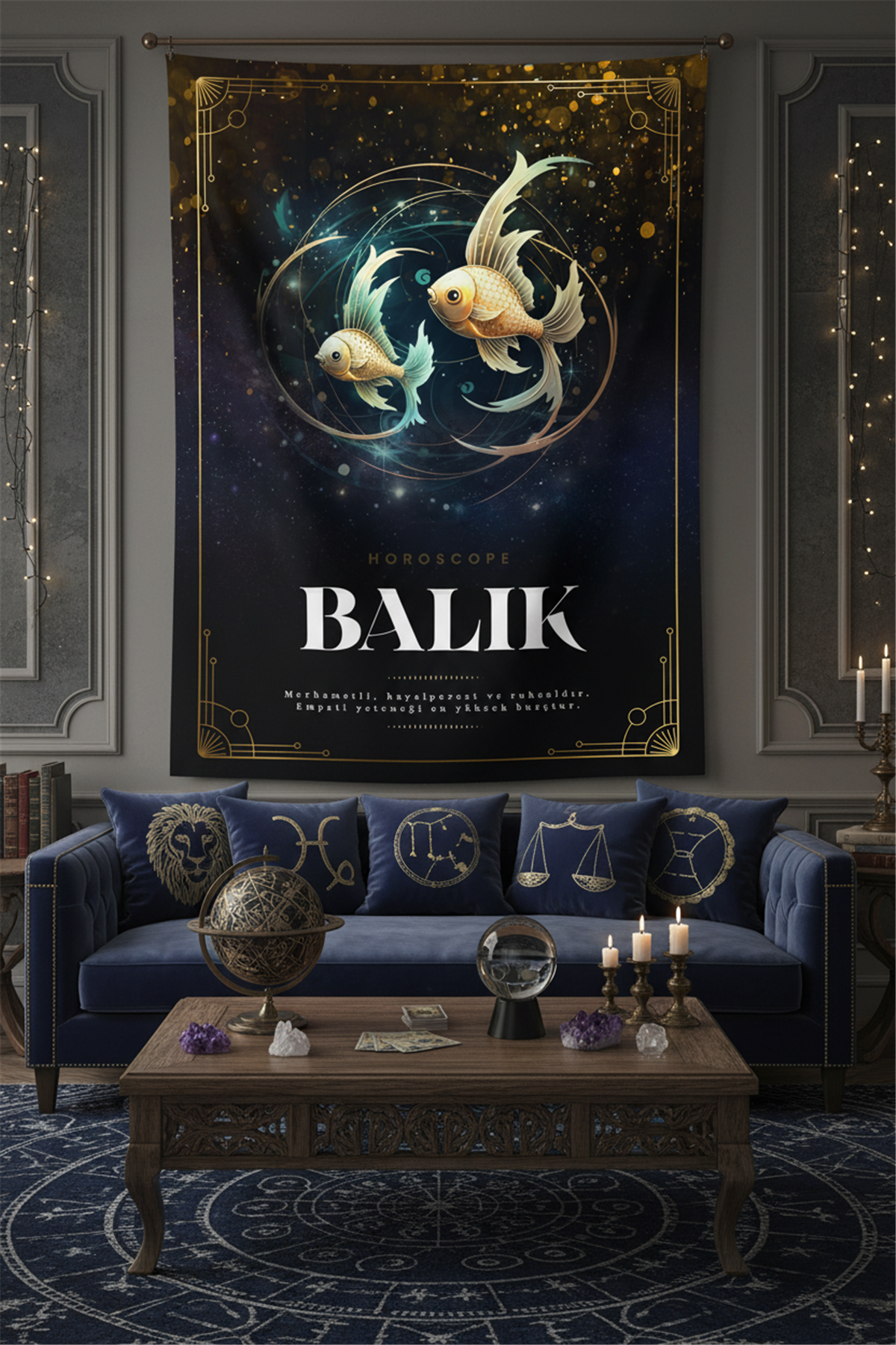 Vagonik Balık burcu Astroloji Temalı Mistik Desenli Duvar Örtüsü Tapestry Desen 463