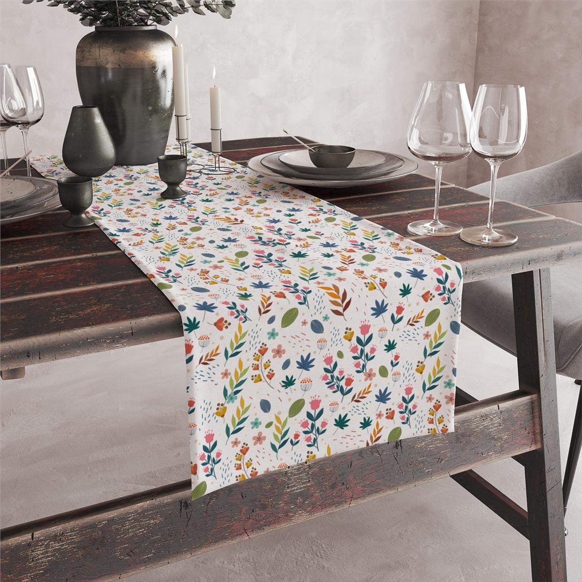 Vagonik Beyaz Bahar Çiçeği Desenli Dijital Baskılı Runner 140x40 cm