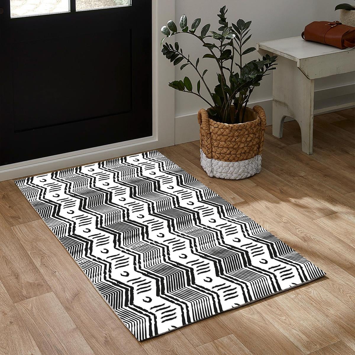 Vagonik Bohem Zigzag İskandinav Desenli Siyah Beyaz Dijital Baskılı Halı Kaydırmaz Tabanlı Yıkanabilir Halı