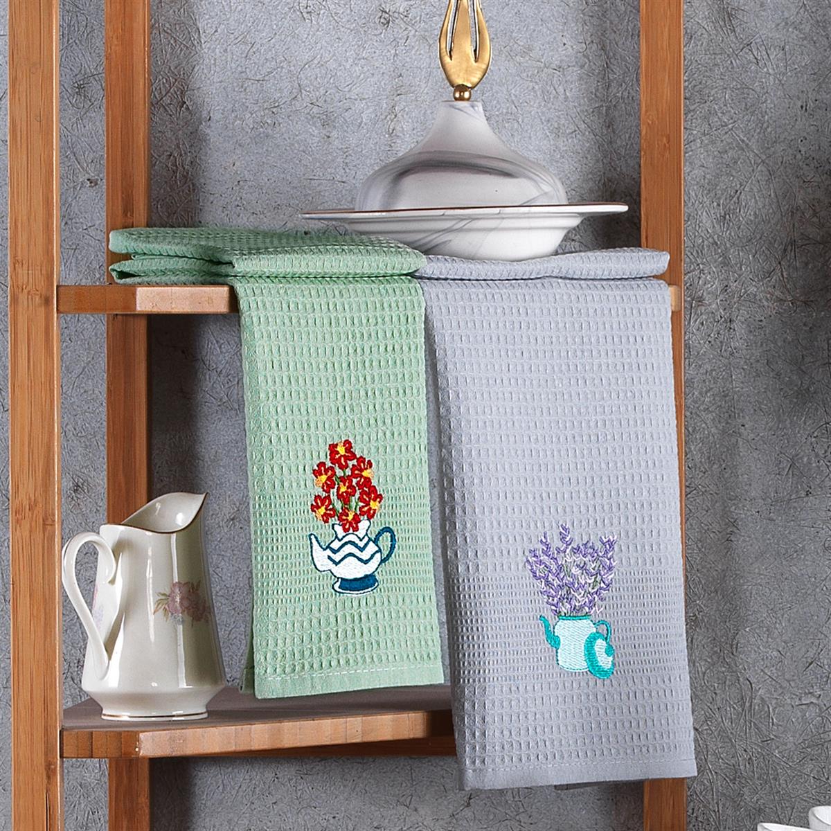 Vagonik Çiçek Desenli 40x60 %100 Pamuk 6lı Nakışlı Mutfak Havlusu Kurulama Bezi