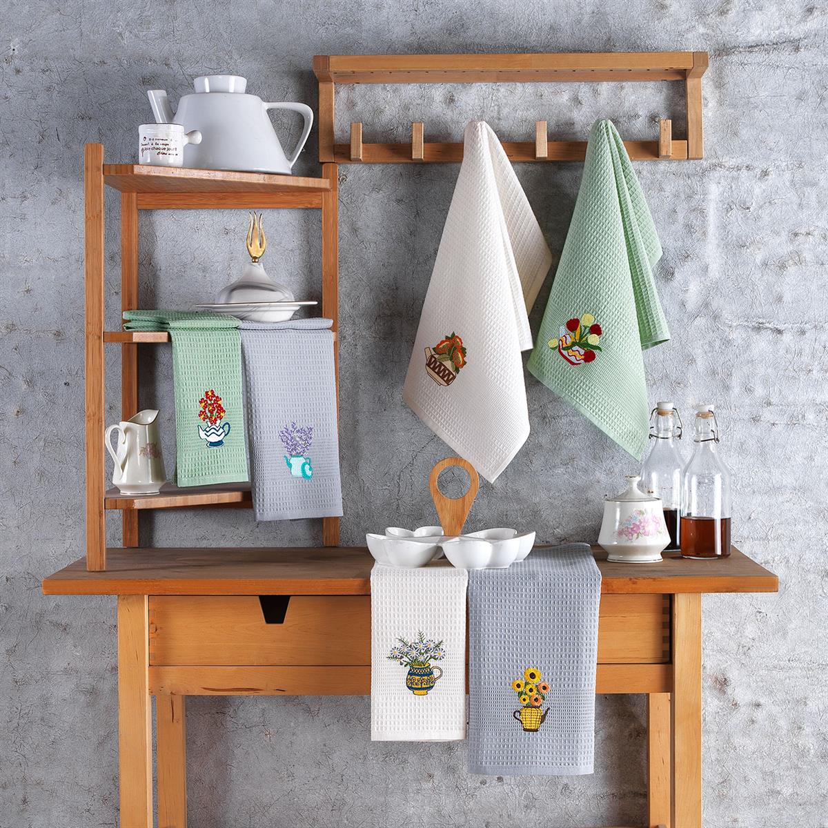 Vagonik Çiçek Desenli 40x60 %100 Pamuk 6lı Nakışlı Mutfak Havlusu Kurulama Bezi