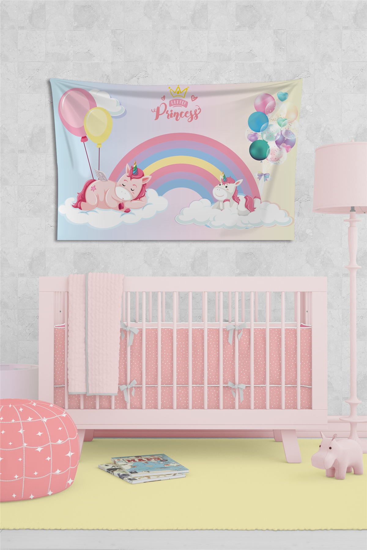 Vagonik Çocuk Odası Gökkuşağı ve Unicorn Duvar Örtüsü Halısı