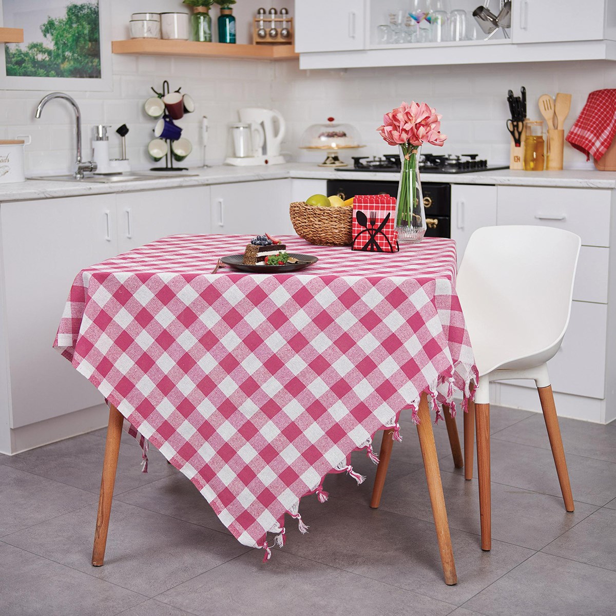 Vagonik Çok Amaçlı Sofra Bezi Piknik Örtüsü & Masa Örtüsü Pembe Ekose Pötikare 140x140 Cm