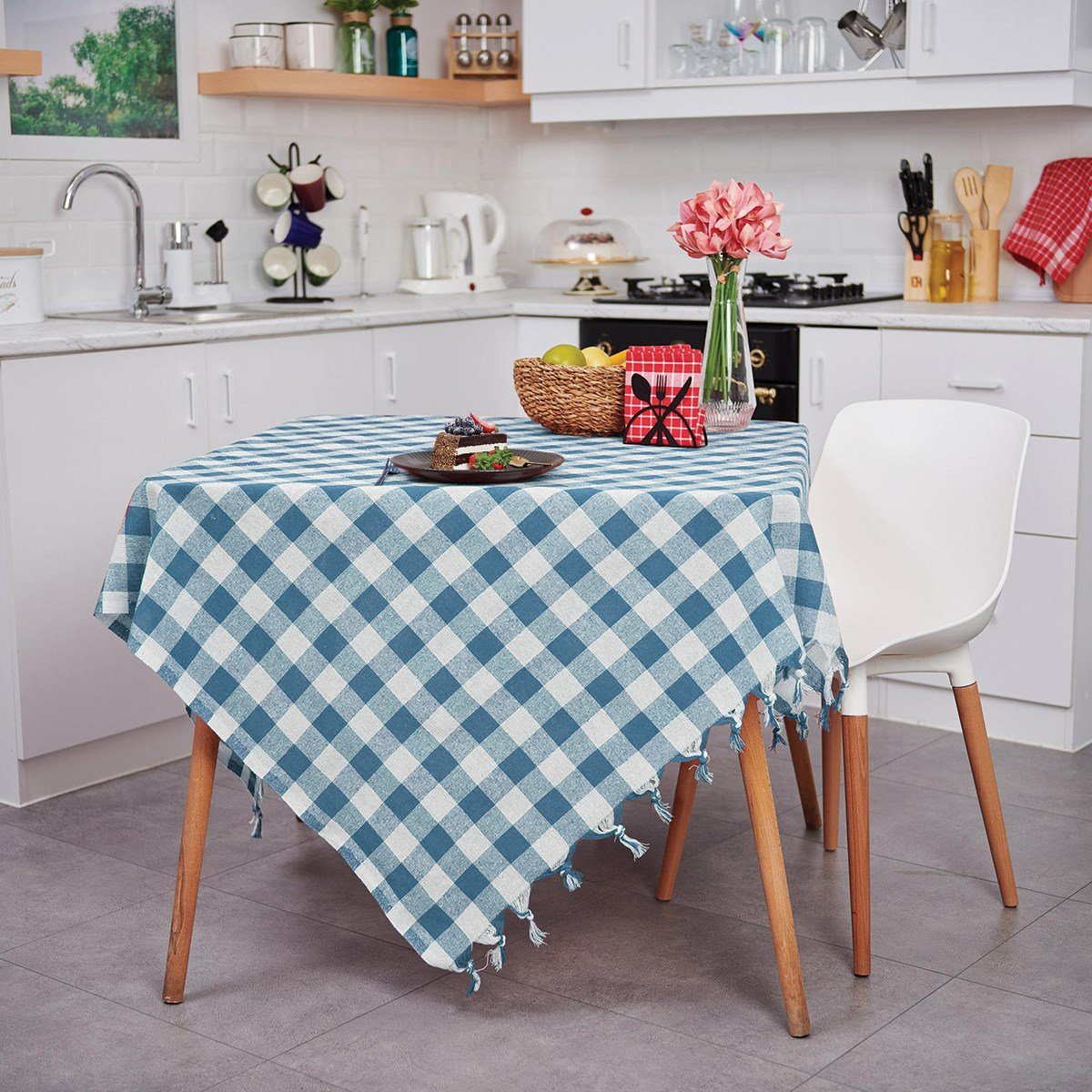 Vagonik Çok Amaçlı Sofra Bezi Piknik Örtüsü & Masa Örtüsü Mavi Ekose Pötikare 140x140 Cm