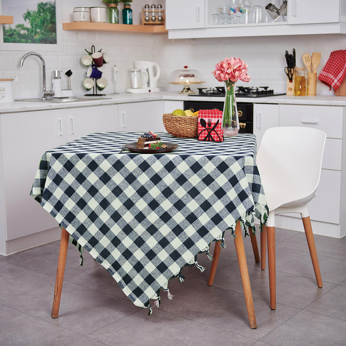 Vagonik Çok Amaçlı Sofra Bezi Piknik Örtüsü & Masa Örtüsü Lacivert Ekose Pötikare 140x140 Cm