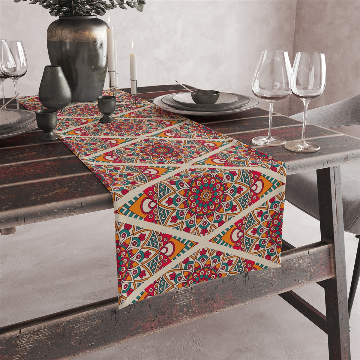 Vagonik Etnik Desenli Dijital Baskılı Runner 140x40 cm
