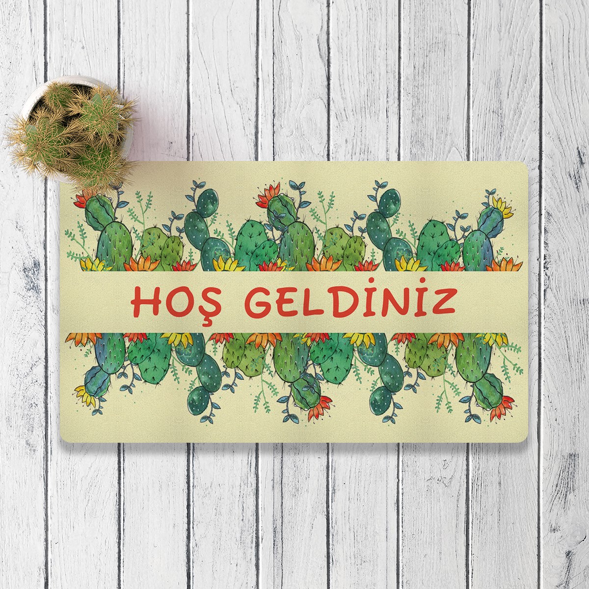 Vagonik Kaktüs Desenli Dijital Baskılı 50x70cm Dekoratif Çok Amaçlı Iç Ve Dış Kapı Paspası