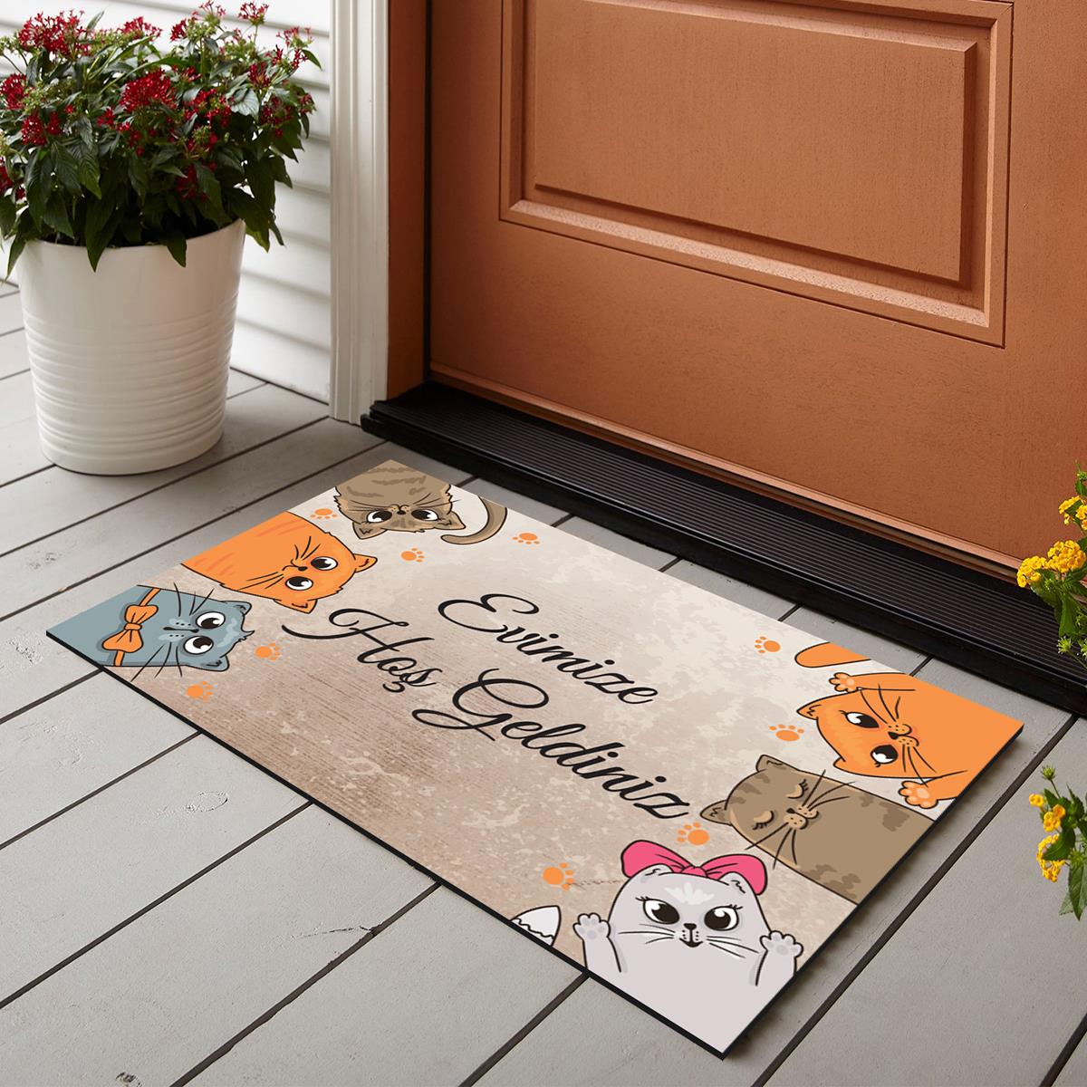 Vagonik Kedi Desenli Dijital Baskılı 50x70cm Dekoratif Çok Amaçlı Iç Ve Dış Kapı Paspası