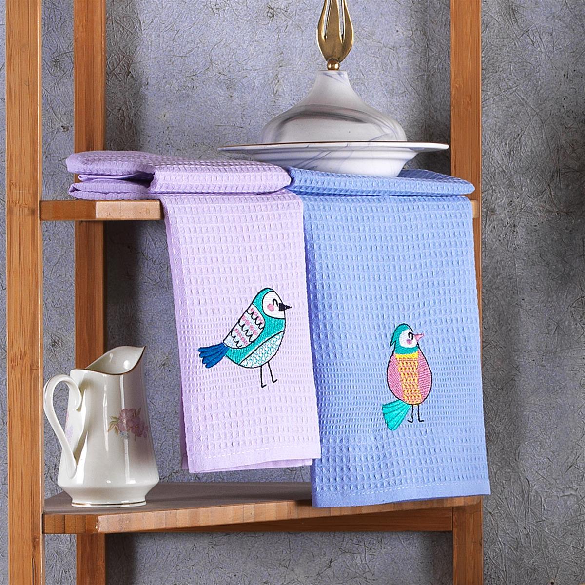 Vagonik Kuş Desenli 40x60 %100 Pamuk 6lı Nakışlı Mutfak Havlusu Kurulama Bezi