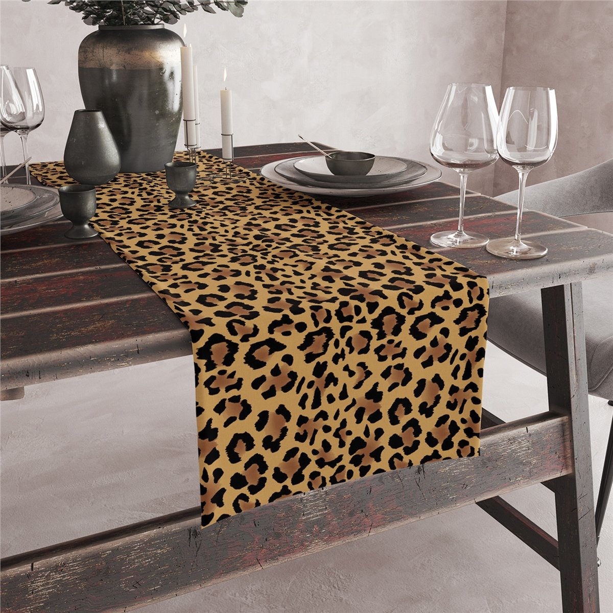 Vagonik Leopar Desenli Dijital Baskılı Runner 140x40 cm