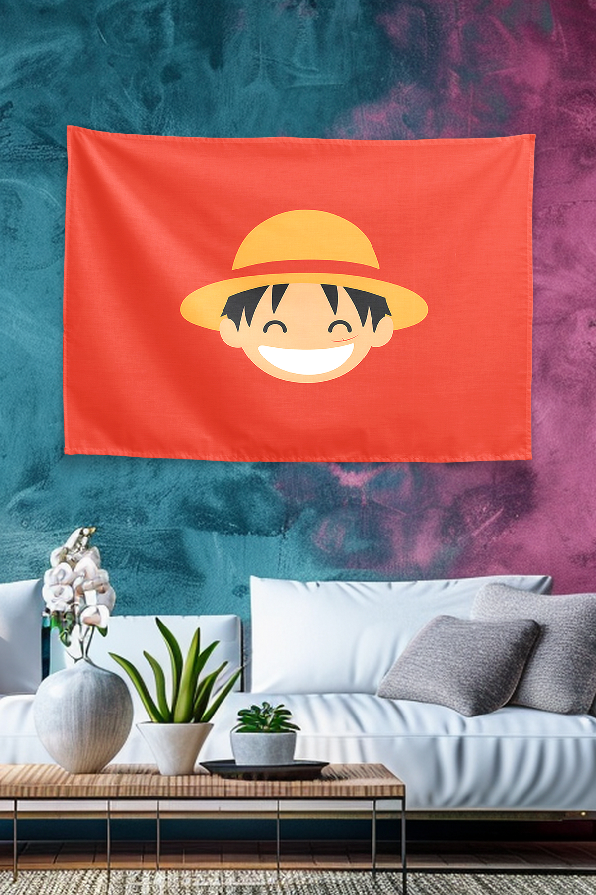 Vagonik Luffy Minimalist Logo Happy Smile Red Duvar Örtüsü Tapestry