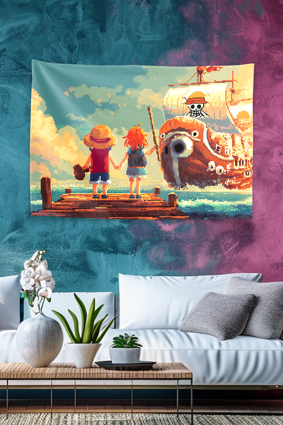 Vagonik Luffy Nami Going Merry Pixel One Piece Duvar Örtüsü Tapestry