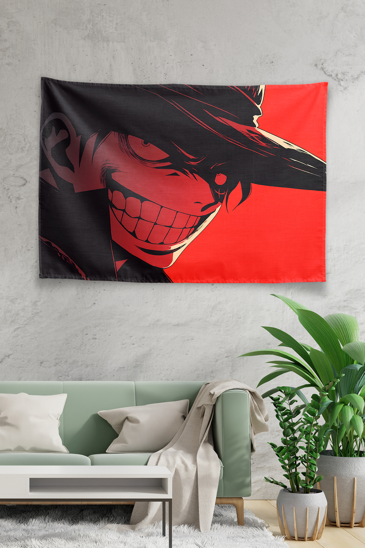 Vagonik Luffy Straw Hat Smile Silhouette Red Background Duvar Örtüsü Tapestry