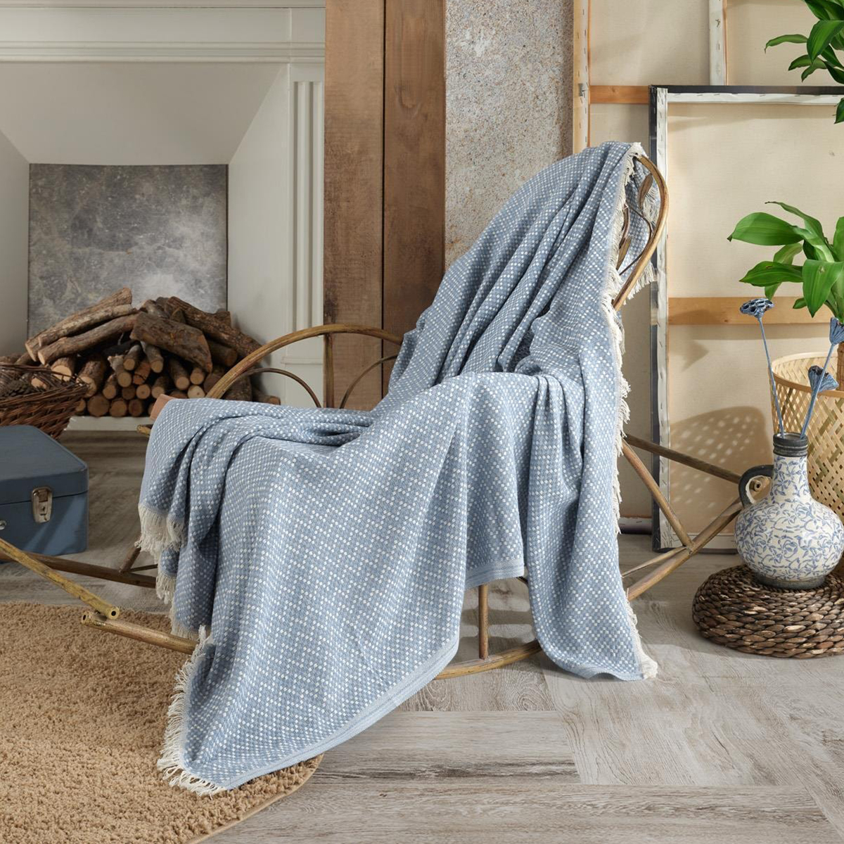 Vagonik Natural Keten Koltuk Örtüsü | Kara Tezgah Dokuma Koltuk Şalı - Mavi