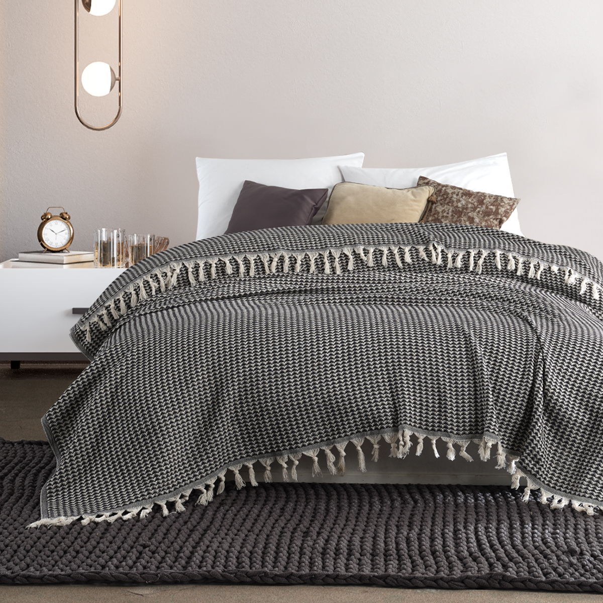 Vagonik Piramit Çift Kişilik Yatak Örtüsü 200 X 230 Cm Pike Pamuklu Koltuk Kanepe Örtüsü Püsküllü - Siyah