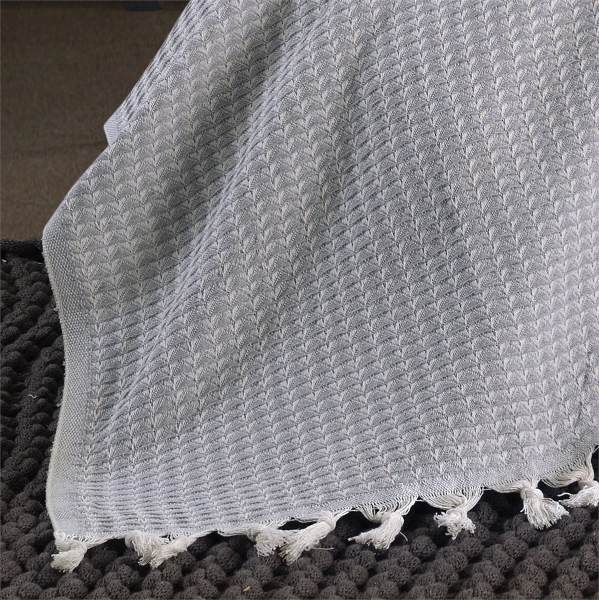 Vagonik Piramit Çift Kişilik Yatak Örtüsü 200 X 230 Cm Pike Pamuklu Koltuk Kanepe Örtüsü Püsküllü - Gri