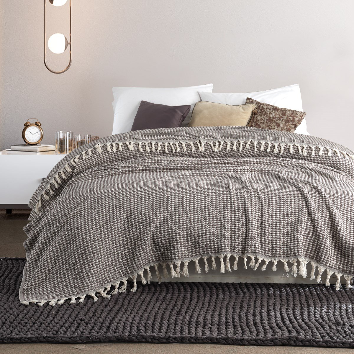 Vagonik Piramit Çift Kişilik Yatak Örtüsü 200 X 230 Cm Pike Pamuklu Koltuk Kanepe Örtüsü Püsküllü - Kahve