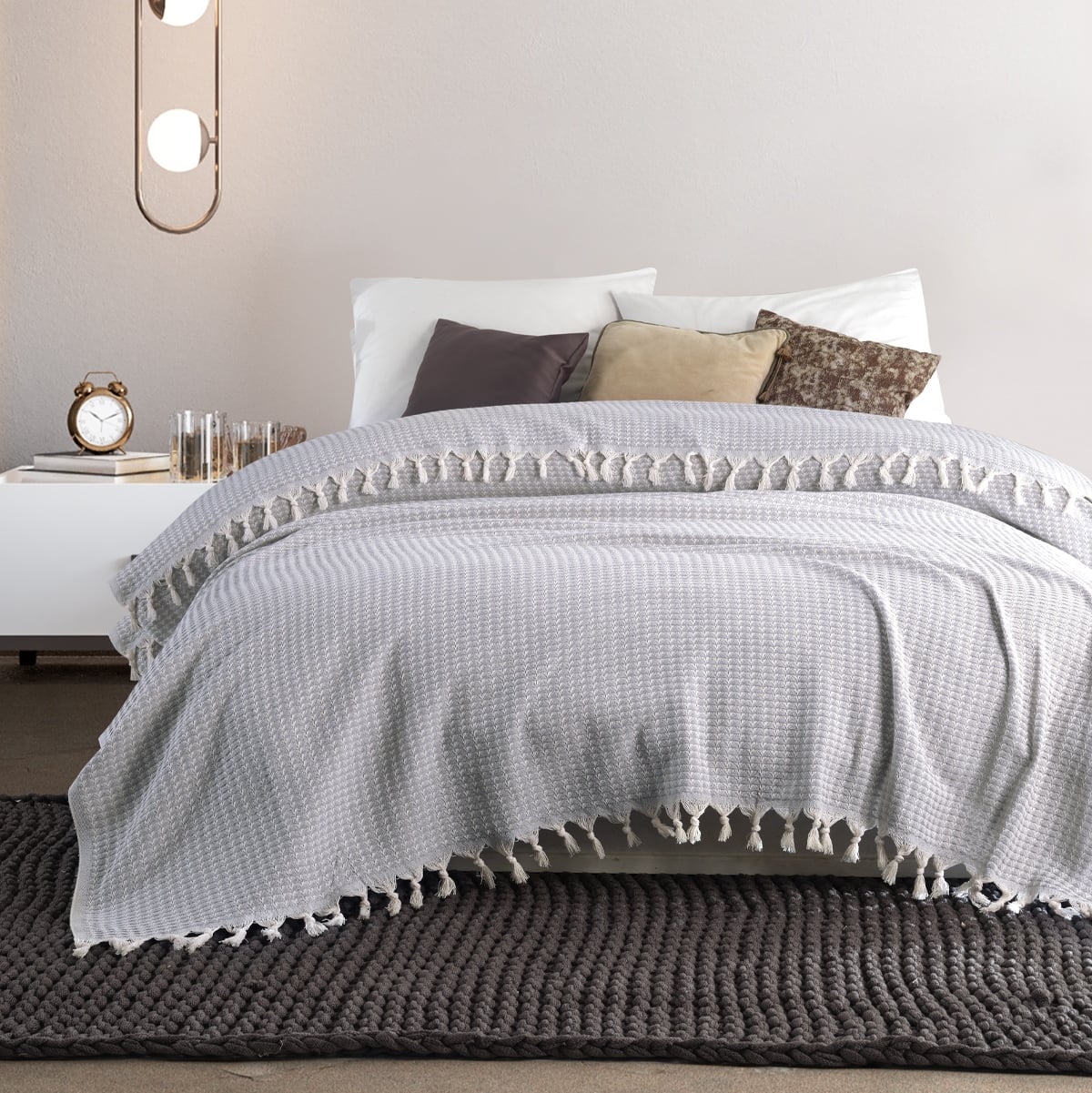 Vagonik Piramit Çift Kişilik Yatak Örtüsü 200 X 230 Cm Pike Pamuklu Koltuk Kanepe Örtüsü Püsküllü - Gri