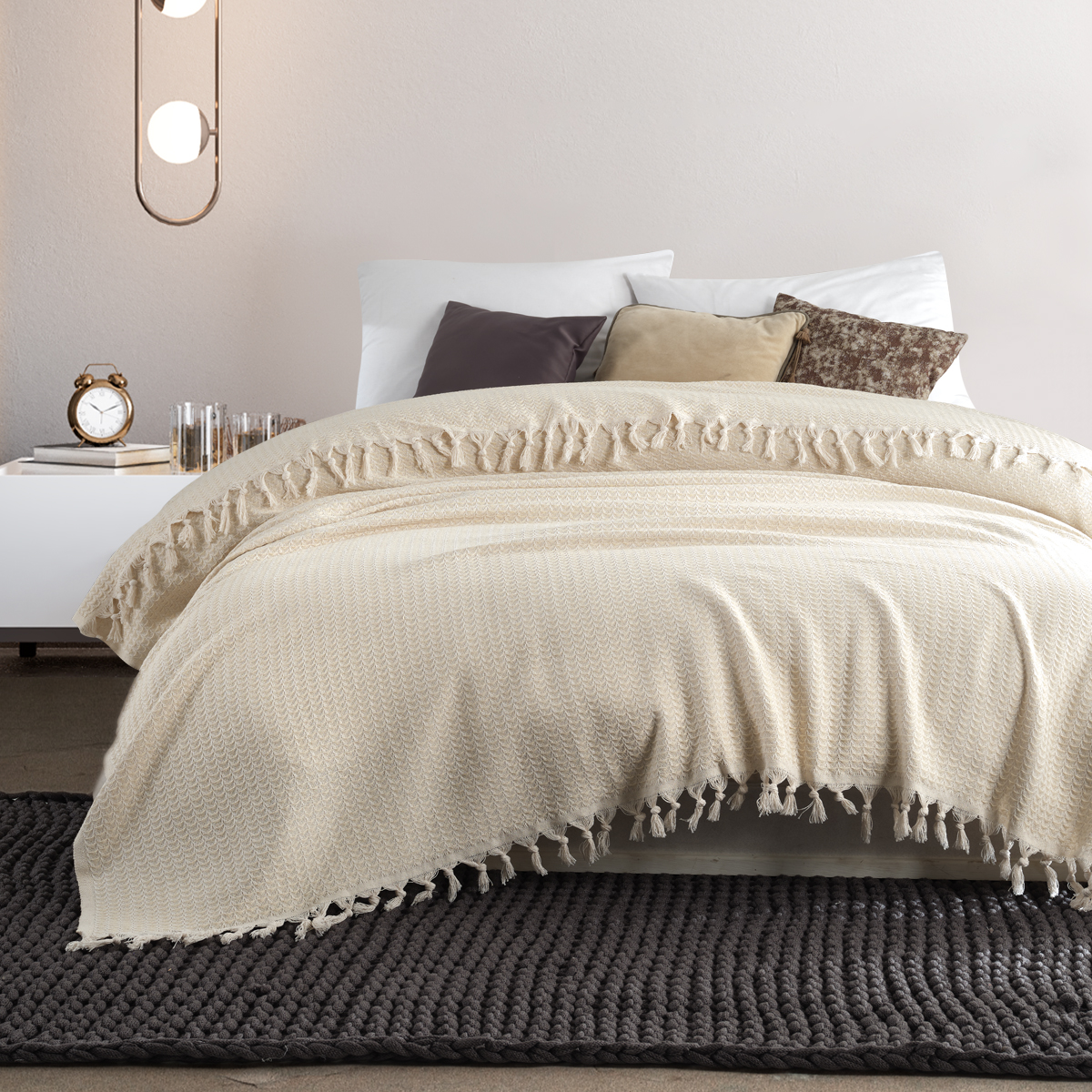 Vagonik Piramit Çift Kişilik Yatak Örtüsü 200 X 230 Cm Pike Pamuklu Koltuk Kanepe Örtüsü Püsküllü - Krem