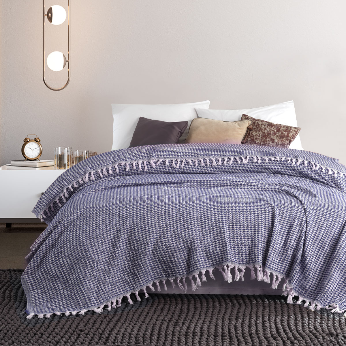 Vagonik Piramit Çift Kişilik Yatak Örtüsü 200 X 230 Cm Pike Pamuklu Koltuk Kanepe Örtüsü Püsküllü - Lacivert