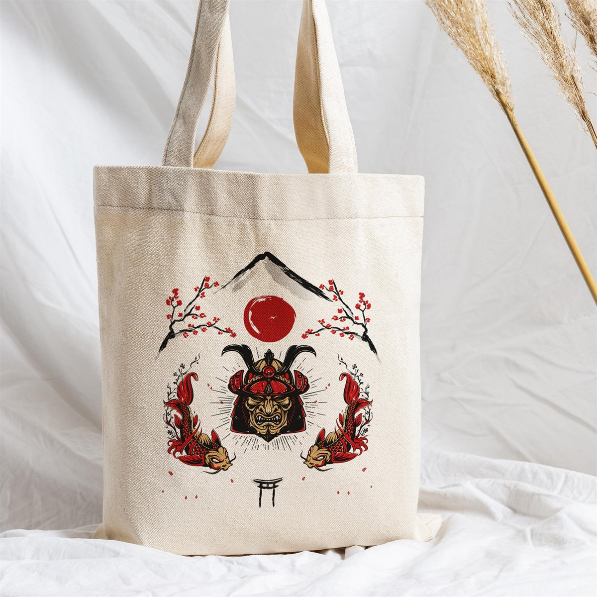 Vagonik Samuray Ve Koi Balığı Uzak Doğu Baskılı Ham Bez Kanvas Çanta 240 Gr.