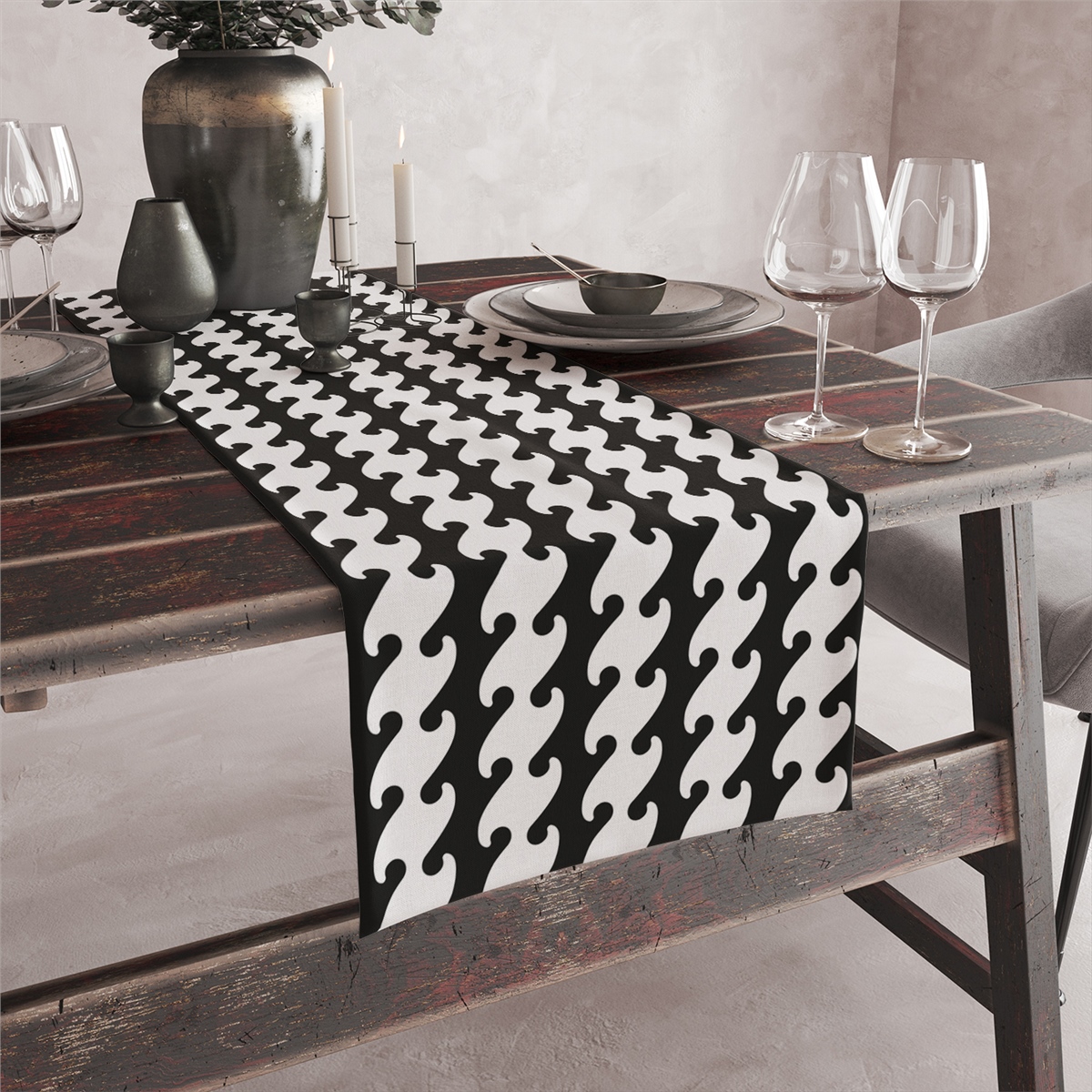 Vagonik Siyah Beyaz Dalga Desenli Dijital Baskılı Runner 140x40 cm