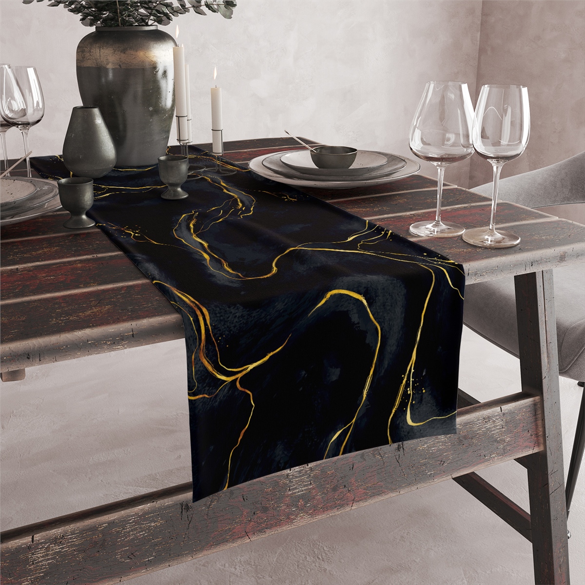 Vagonik Siyah Gold Mermer Desenli Dijital Baskılı Runner 140x40 cm