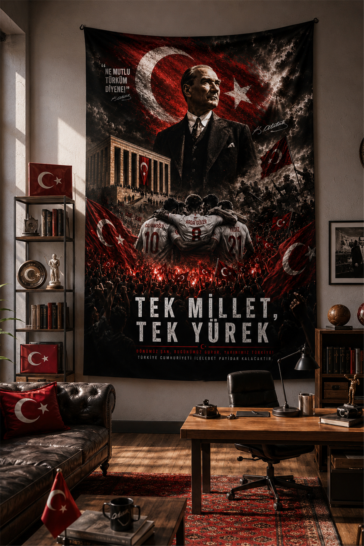 Vagonik Türk Milli Takımı ve Atatürk Duvar Örtüsü Dikey Afişi Kalın Kumaş Dünya Kupası