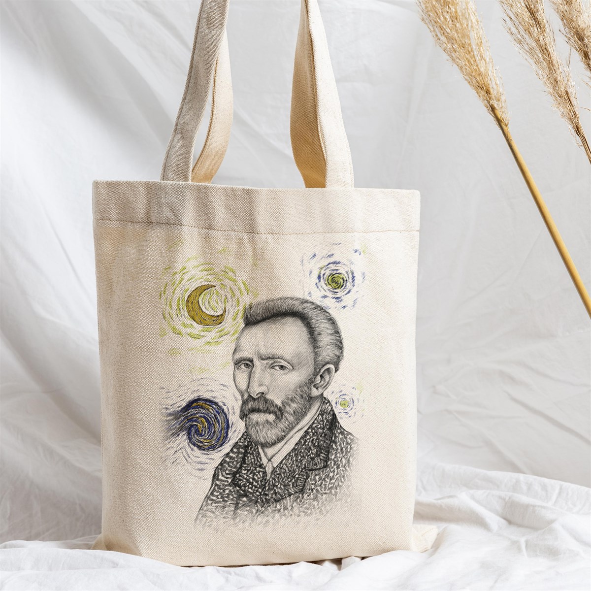 Vagonik Van Gogh Yıldızlı Gece Baskılı Ham Bez Kanvas Çanta 240 Gr.