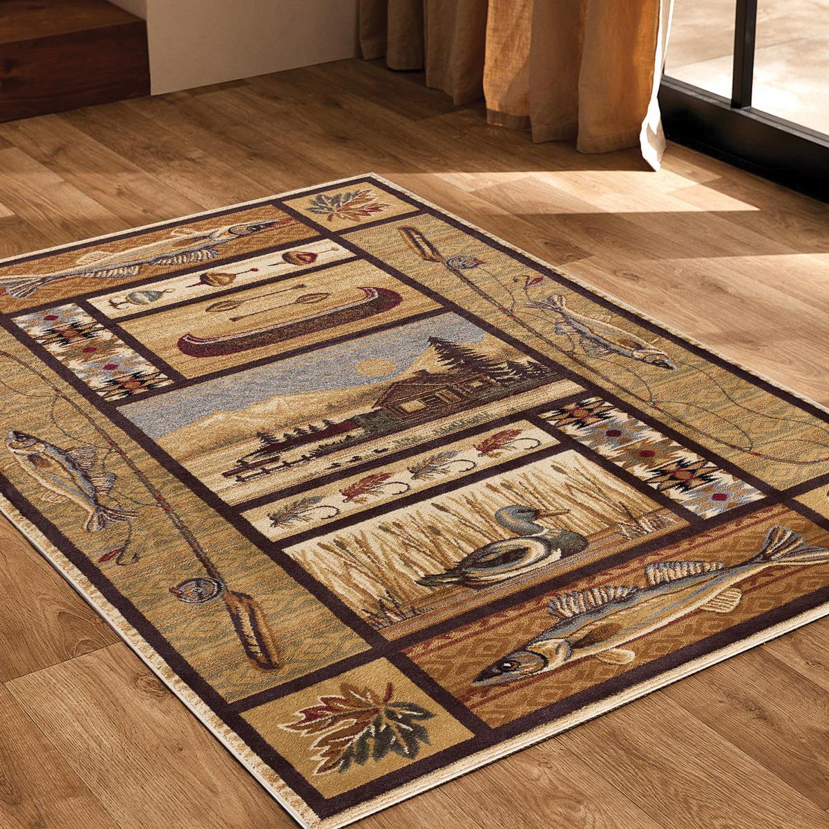 Vagonik  Vintage Kayık Balık Ve Vahşi Doğa Desenli Dijital Baskılı Halı Kaydırmaz Tabanlı Yıkanabilir Halı