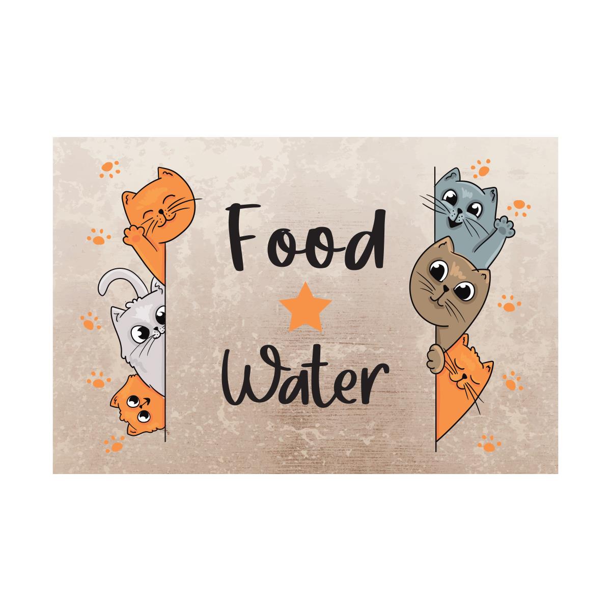 Vagonik Water Food Kedi Desenli Dijital Baskılı 35x50cm Dekoratif Çok Amaçlı Iç Ve Dış Kapı Paspası Mama Paspası
