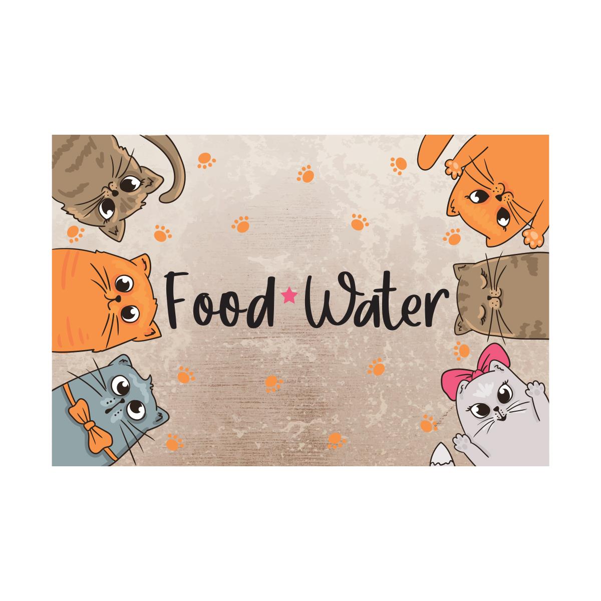 Vagonik Water Food Kedi Desenli Dijital Baskılı 35x50cm Dekoratif Çok Amaçlı Iç Ve Dış Kapı Paspası Mama Paspası