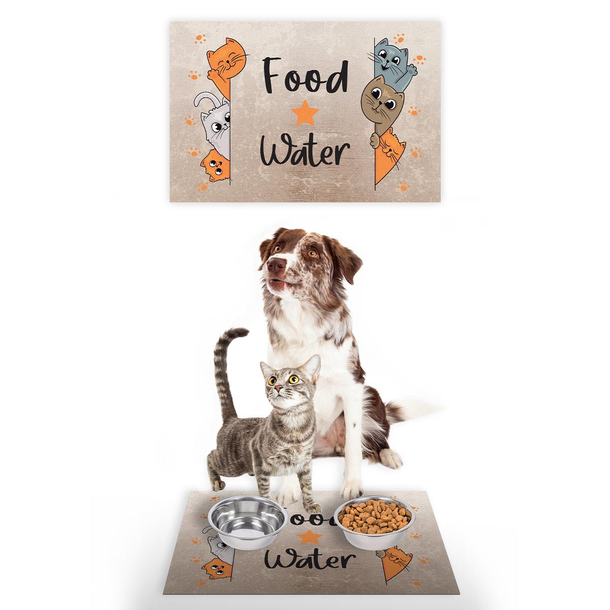 Vagonik Water Food Kedi Desenli Dijital Baskılı 35x50cm Dekoratif Çok Amaçlı Iç Ve Dış Kapı Paspası Mama Paspası
