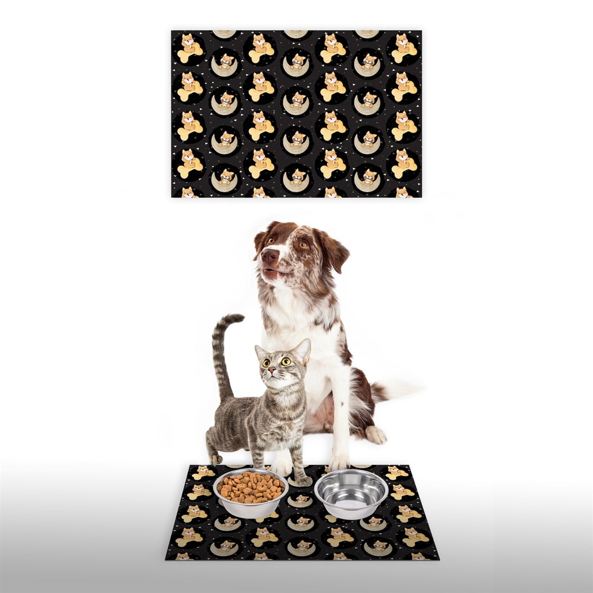 Vagonik Water Food Kedi Köpek Antrasit Dijital Baskılı 35x50cm Dekoratif Çok Amaçlı Iç Ve Dış Kapı Paspası Mama Paspası