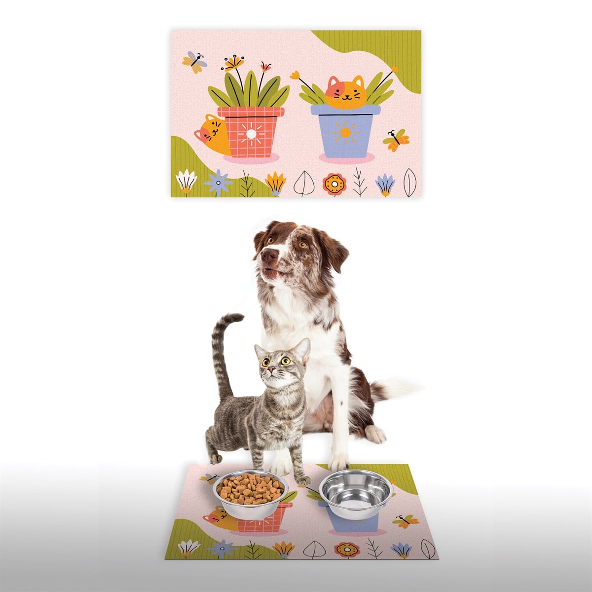 Vagonik Water Food Kedi Köpek Desenli Dijital Baskılı 35x50cm Dekoratif Çok Amaçlı Iç Ve Dış Kapı Paspası Mama Paspası