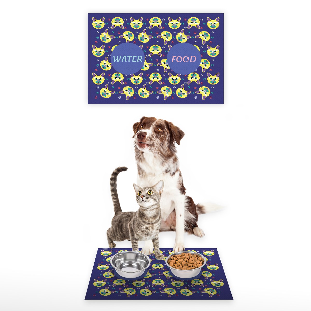 Vagonik Water Food Kedi Köpek Desenli Dijital Baskılı 35x50cm Dekoratif Çok Amaçlı Iç Ve Dış Kapı Paspası Mama Paspası