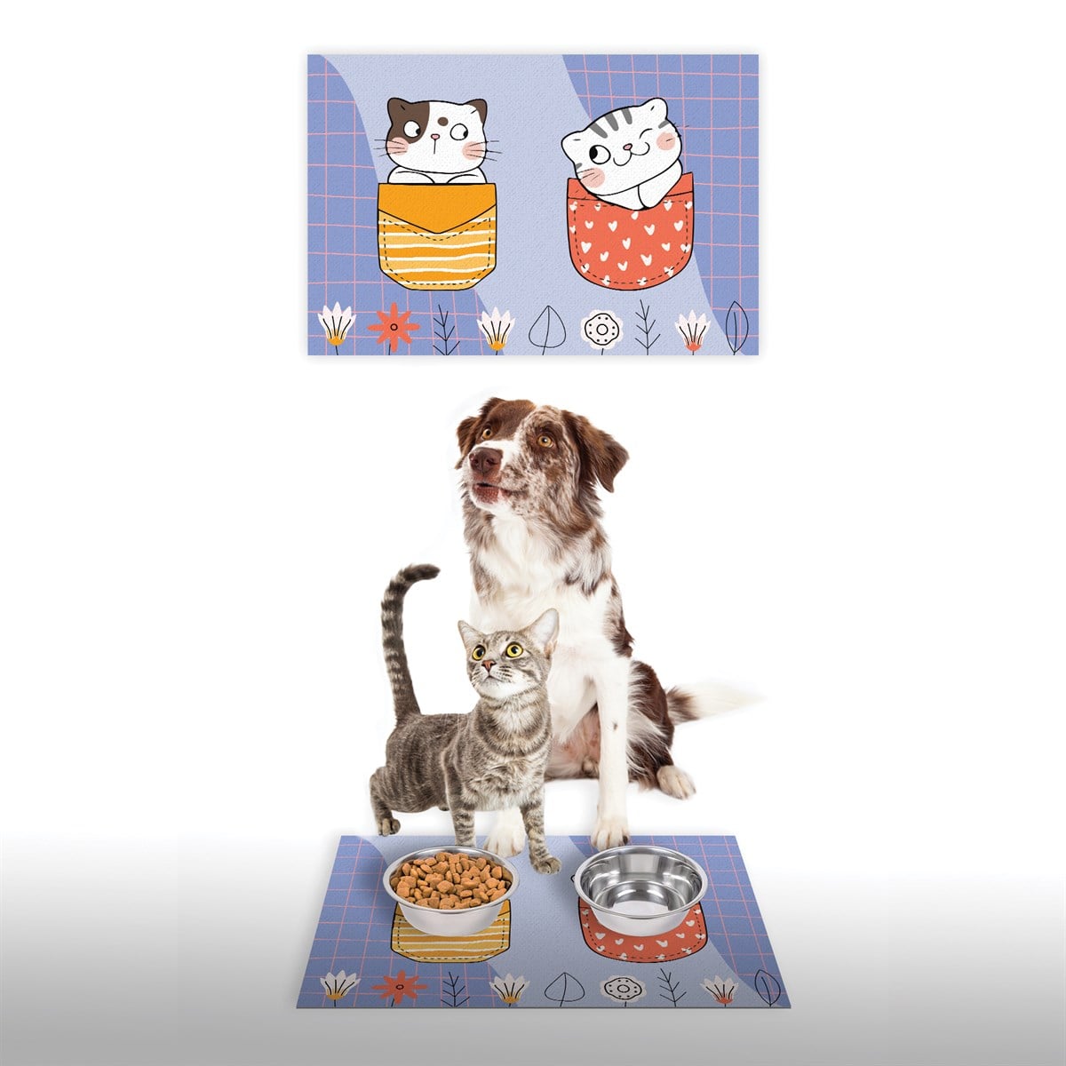 Vagonik Water Food Kedi Köpek Desenli Dijital Baskılı 35x50cm Dekoratif Çok Amaçlı Iç Ve Dış Kapı Paspası Mama Paspası