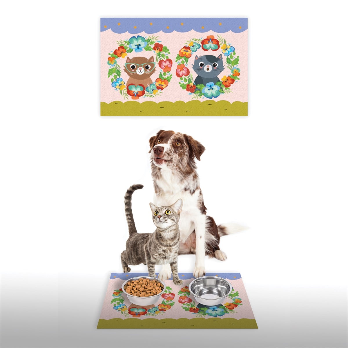 Vagonik Water Food Kedi Köpek Desenli Dijital Baskılı 35x50cm Dekoratif Çok Amaçlı Iç Ve Dış Kapı Paspası Mama Paspası