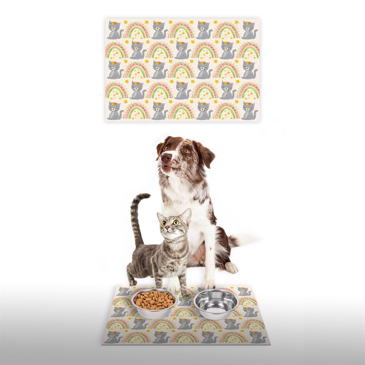 Vagonik Water Food Kedi Köpek Gökkuşağı Dijital Baskılı 35x50cm Dekoratif Çok Amaçlı Iç Ve Dış Kapı Paspası Mama Paspası