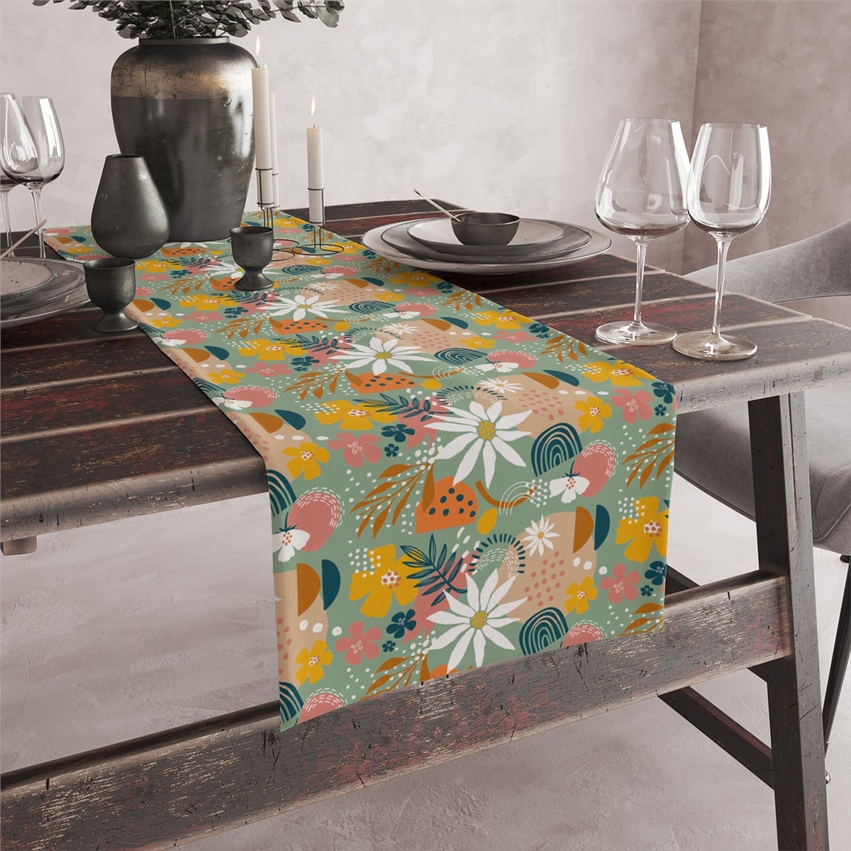 Vagonik Yeşil Çiçek Desenli Dijital Baskılı Runner 140x40 cm