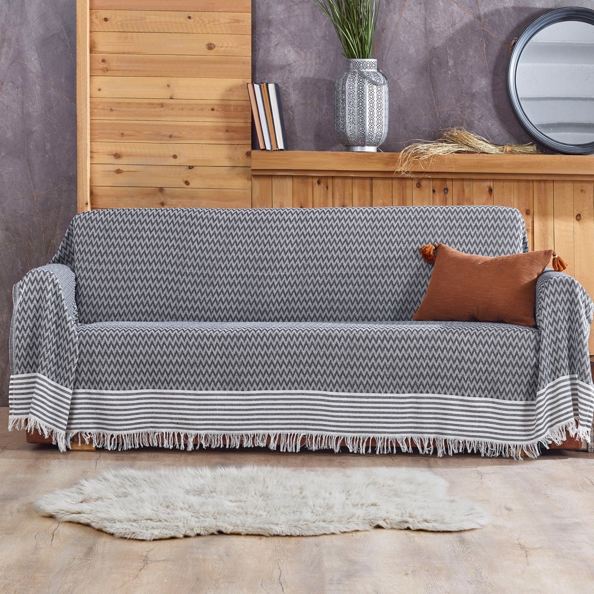Vagonik Zigzag Desenli 3m Çekyat Kollarını Örten Battal Boy Koltuk Örtüsü 170 x 300 Füme