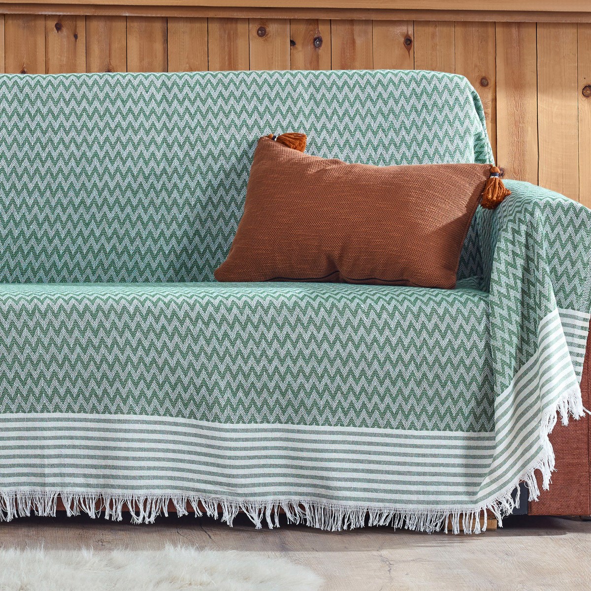 Vagonik Zigzag Desenli 3m Çekyat Kollarını Örten Battal Boy Koltuk Örtüsü 170 x 300 Su yeşili