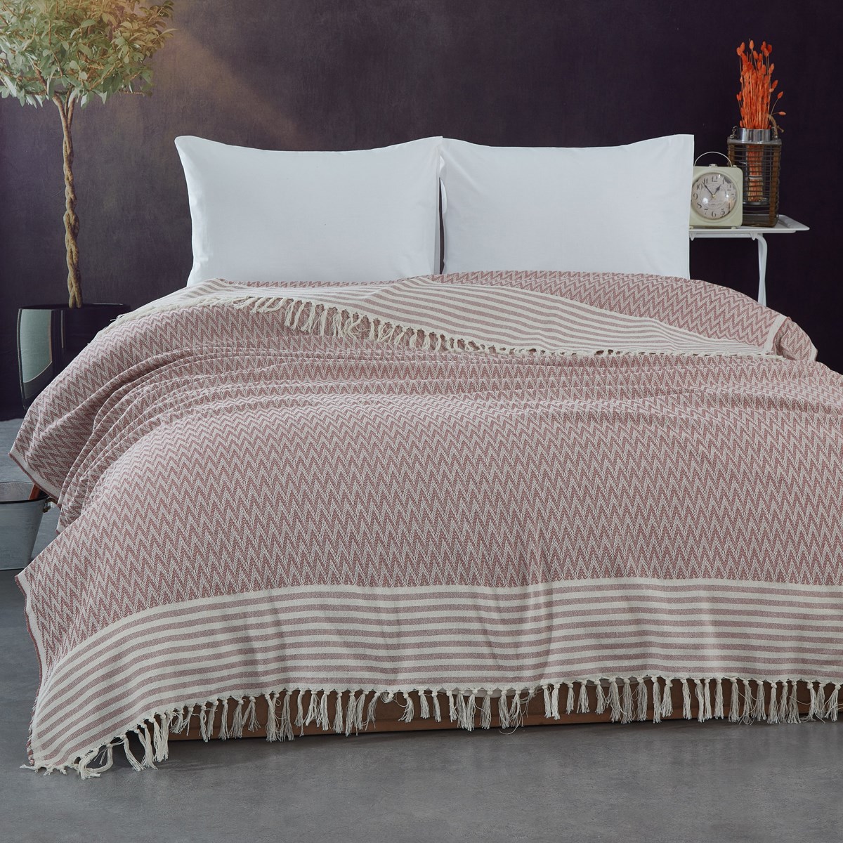 Vagonik Zigzag Kara Tezgah Dokuma Çift Kişilik Yatak Örtüsü - Bordo