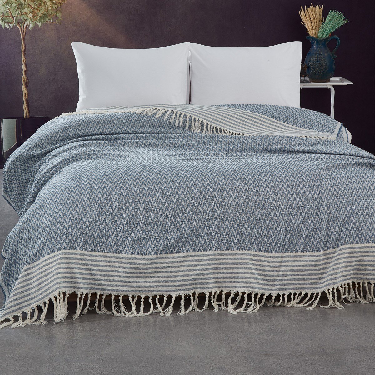 Vagonik Zigzag Kara Tezgah Dokuma Çift Kişilik Yatak Örtüsü - Mavi